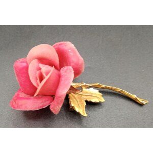 Pink Rose Brooch Pin Bari Vintage Gold Tone Leaves Stem 3.25 In Jewelry Signed